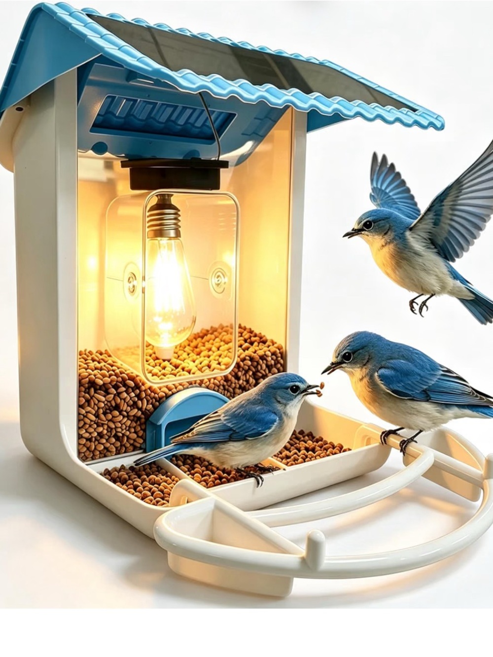 Solar-Powered Blue Bird Feeder with LED Light and Seed Dispenser